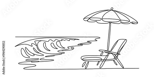 A single line drawing illustration of a beach scene with a lounge chair and a large sun umbrella Vector, illustration