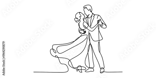 Continuous single line drawing of a romantic couple dancing together in a formal wedding setting Vector, illustration