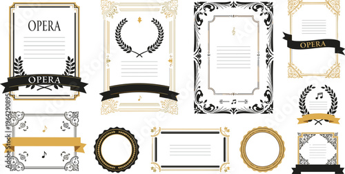 Elegant Opera Certificate and Frame Illustration Set with Vintage Ornamental Borders, Gold Decorative Elements, and Classic Music Event Templates for Awards and Invitations