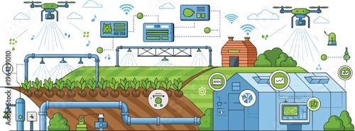Smart Agriculture Illustration with IoT Farming System, Drone Monitoring, Automated Irrigation, Data Sensors, and Precision Farming Technology for Modern Agriculture Design