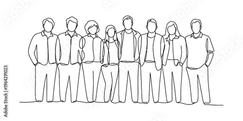 A continuous line drawing illustration featuring a diverse group of eight standing young people. Vector, illustration