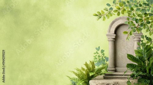 Serene stone structure surrounded by vibrant green foliage against a soft pastel background