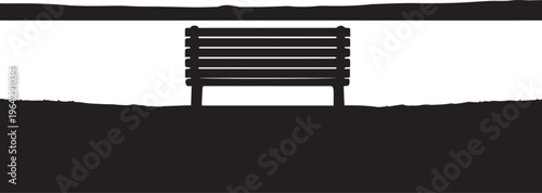 Empty wooden park bench on field vector silhouette illustration with peaceful line art style