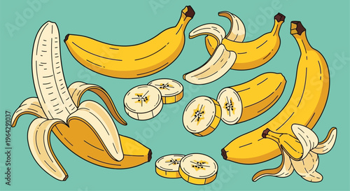 Stylized illustration of several ripe bananas in varying stages of peeling