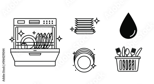 Line art illustration depicting a dishwasher and associated cleaning items