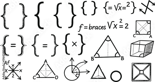 Hand Drawn Math Symbols and Geometry Illustration with Braces, Equations, Shapes, Diagrams, and Sketch Style Educational Elements for Learning Design