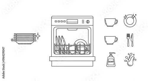 Line art illustration depicting a dishwasher and related cleaning items