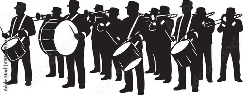 Classic marching band parade musicians vector silhouette illustration performing line art