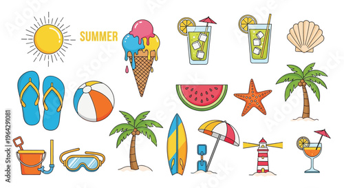 Colorful summer themed illustrations including ice cream beach items and sunshine