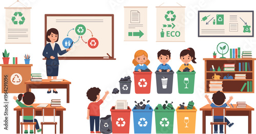 Recycling Education Illustration with School Classroom, Teacher Explaining Waste Sorting, Children Learning Sustainability, and Eco Friendly Environmental Awareness Activities