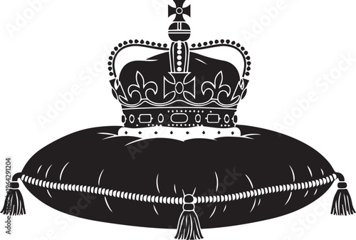 Royal crown on cushion vector silhouette illustration line art symbol.