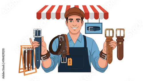 Artisan of Accessories: A smiling artisan, exuding pride in his craftsmanship, presents a curated selection of finely crafted belts in a charming storefront setting. 