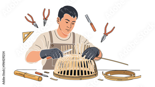 Artisan at Work: An artisan meticulously weaves natural materials into a basket, showcasing dedication and skill in crafting.