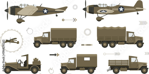 Military Vehicle and Aircraft Illustration Set with Army Trucks, Vintage Fighter Plane, Transport Vehicles, and Defense Equipment for War and History Design