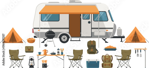 Camping and Caravan Outdoor Illustration with Camper Trailer, Tent, Folding Chairs, Cooking Equipment, and Travel Gear for Adventure and Vacation Design