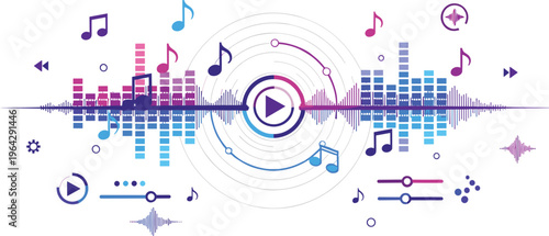 Music Player Interface Illustration with Sound Wave Equalizer, Play Button, Audio Controls, and Digital Music Streaming Elements for Modern Media Design