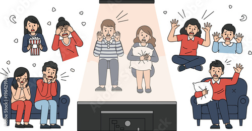 People Watching Horror Movie Illustration with Scared Reactions, Fearful Emotions, Home Cinema Scene, and Entertainment Night Concept for Lifestyle Design