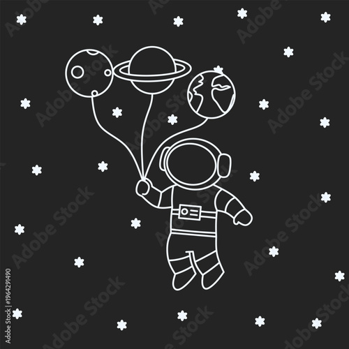 Minimalist Monoline Astronaut Holding Planet Balloons in Deep Space