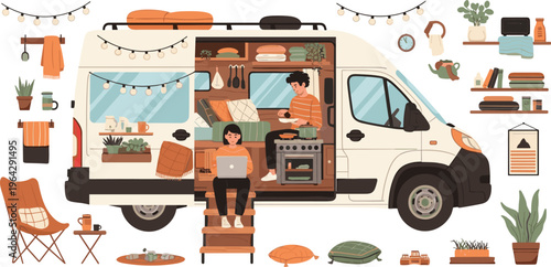 Van Life Camper Illustration with Cozy Interior Setup, Travel Lifestyle, Mobile Living, Camping Essentials, and Digital Nomad Working Scene for Adventure Design