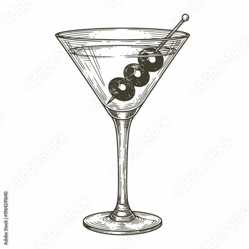 Hand Drawn Martini Cocktail with Olives Sketch. Elegant Alcoholic Beverage Drink Illustration. Vintage Engraved Style for Bar Menu Design