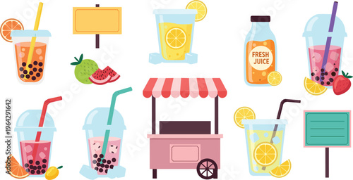 Fresh Juice and Bubble Tea Illustration Set with Fruit Drinks, Beverage Cups, Street Stall Cart, and Summer Refreshment Elements for Food and Drink Design