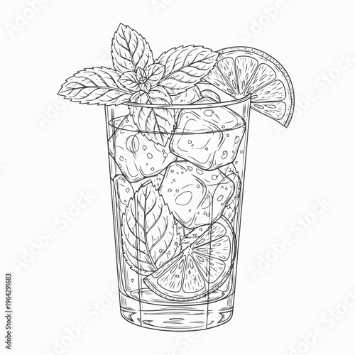 Artistic hand-drawn sketch of a refreshing summer cocktail in a tall glass, featuring fresh mint leaves, clear ice cubes, and a vibrant citrus slice, ideal for beverage designs