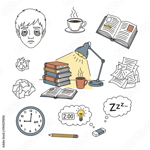 Concept of sleepless study and hard work with a tired student, coffee, books, desk lamp, and various elements indicating late-night effort.
