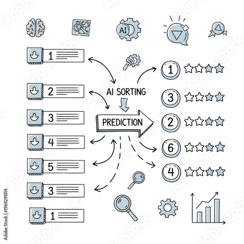 Artificial intelligence sorting and prediction flow chart with numbered lists star ratings and business icons representing automated data processing for efficiency.