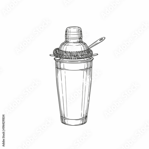 A vintage hand-drawn illustration of a cocktail shaker with a strainer, perfect for barware and beverage-themed designs