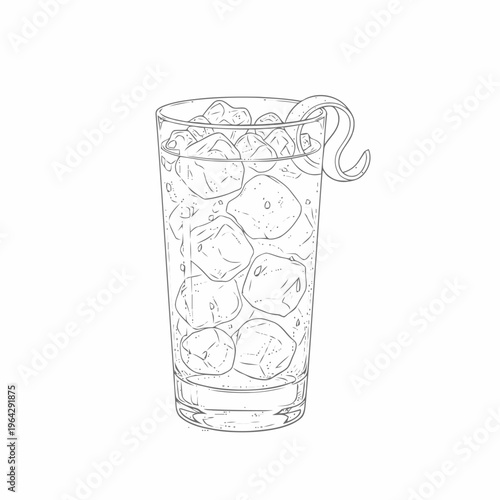 Artistic hand-drawn monochrome sketch depicting a refreshing beverage in a tall glass, complete with numerous ice cubes and an elegant citrus peel accent