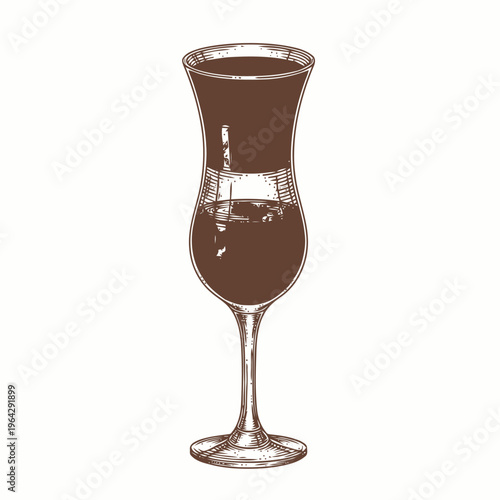 A detailed sketch of a shot glass, filled with a dark beverage, presented in a hand-drawn illustration style on a white background