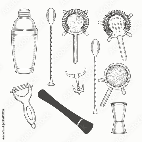 Elegant hand-drawn illustration set of essential bar tools and cocktail preparation accessories for crafting exquisite drinks and beverages