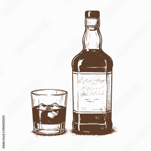 Vintage hand-drawn illustration of a whiskey bottle with a glass filled with ice, perfect for beverage and bar-themed designs