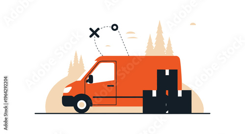 Efficient orange delivery van illustration transporting packages for fast shipping and logistics services vector graphic design.