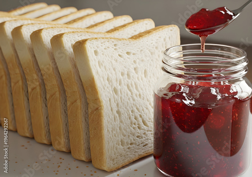 Slices of white bread lined up next to a jar of red jam with a spoonful of jam being lifted from the jar