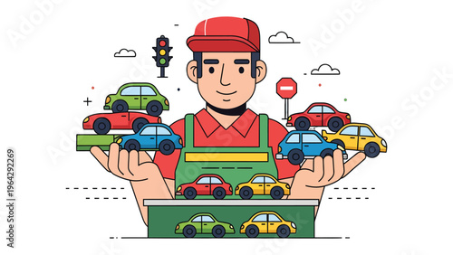 Transportation Maestro: A skilled transportation worker, expertly manages and showcases a vibrant array of miniature cars, set against a backdrop of traffic signals and road signs.