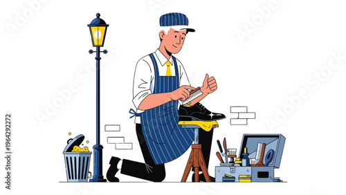 Craftsman's Workshop: A dedicated shoemaker focuses meticulously on his craft, seated beside a lantern in a humble yet functional workshop environment, displaying traditional craftsmanship.