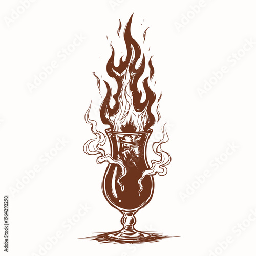 Mystical Hand-Drawn Flaming Cocktail Illustration A Vintage Sketch of a Bewitching Drink with Rising Fire and Smoke, Perfect for Evoking an Enchanting Atmosphere