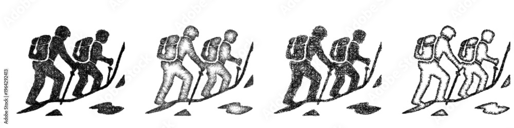 Fototapeta premium Sketch mountain expedition icon design set