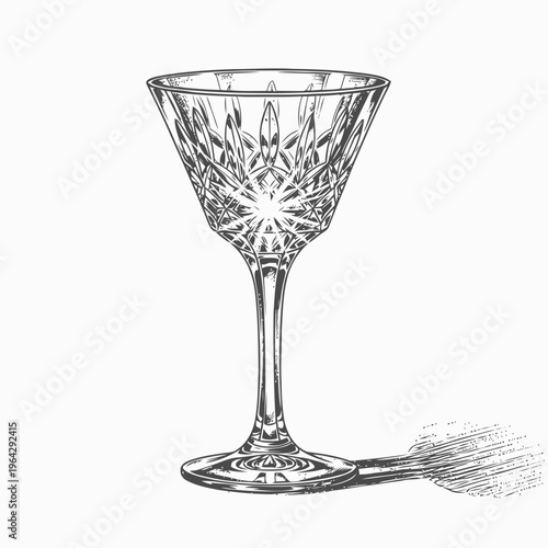 Hand-drawn elegant stemmed crystal glass illustration in vintage engraving style, perfect for sophisticated drink menus or decorative design elements
