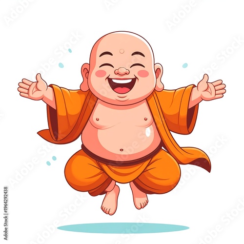 Joyful Buddha Cartoon Character Jumping with Happiness and Open Arms.