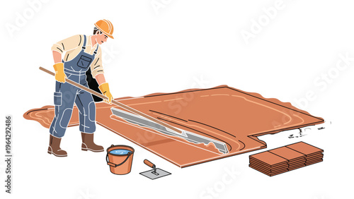 Construction Site: A skilled worker meticulously applies fresh cement to a prepared surface at a construction site, surrounded by essential tools of the trade.
