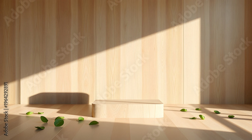 Minimalist wooden stage bathed in warm sunlight with scattered green leaves on the floor, ideal for product display and wellness themes