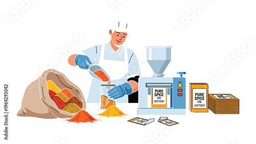 Production Process: A factory worker meticulously oversees the packaging of spices, illustrating the processes and stages of food production with precision.
