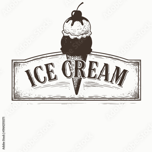 Hand-drawn vintage ice cream cone emblem featuring a classic dessert with a cherry on top, perfect for retro style branding and sweet shop signage