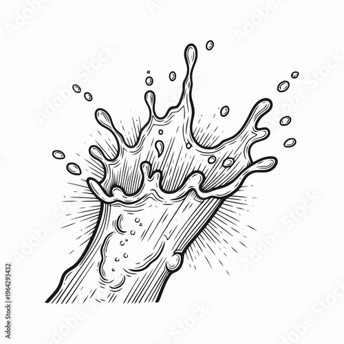 Dynamic Hand-Drawn Liquid Splash Illustration in Vintage Engraving Style, Showcasing an Energetic Burst of Fluid Perfect for Drink Designs and Creative Visual Effects