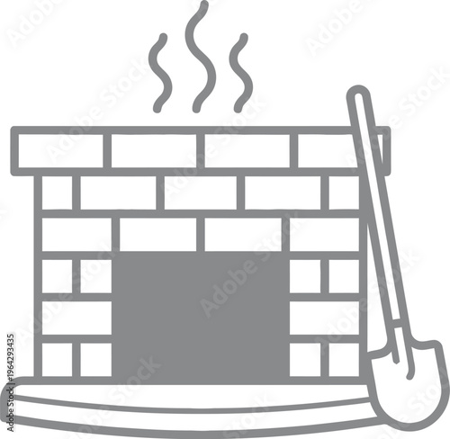 Vector graphic illustration of a brick fireplace with a shovel