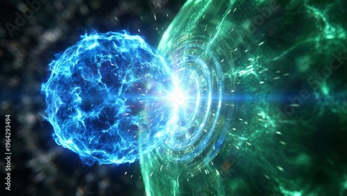 Dynamic Energy Plunge Vibrant Blue Force Colliding with a Swirling Green Vortex, Illustrating Powerful Universal Dynamics