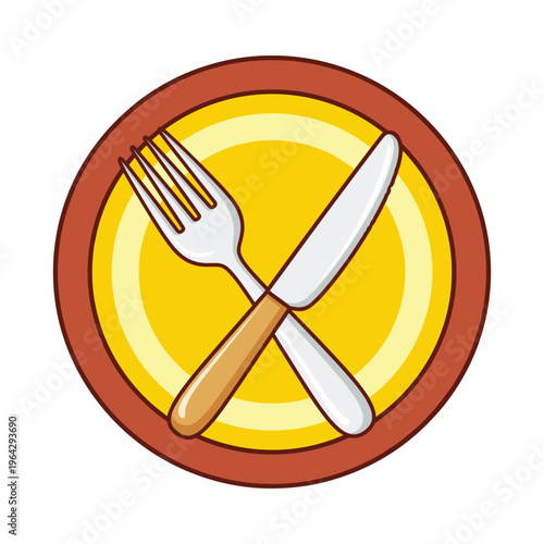 Vector Icon of Fork and Knife Crossed on a Yellow Plate