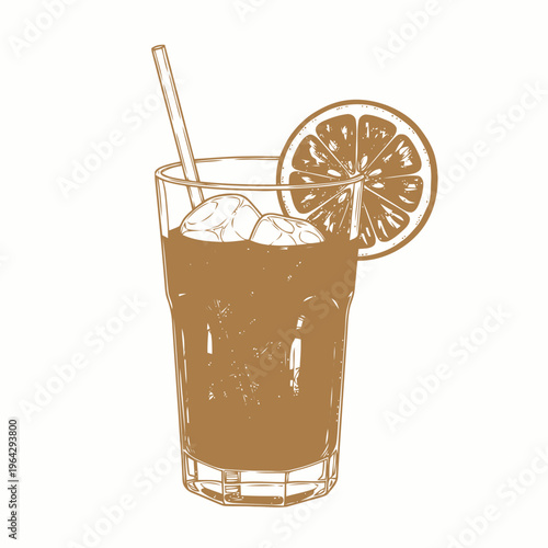Hand-drawn illustration of a refreshing cold beverage in a glass with ice, a straw, and an orange slice, evoking a vintage, rustic, or old-fashioned cocktail design
